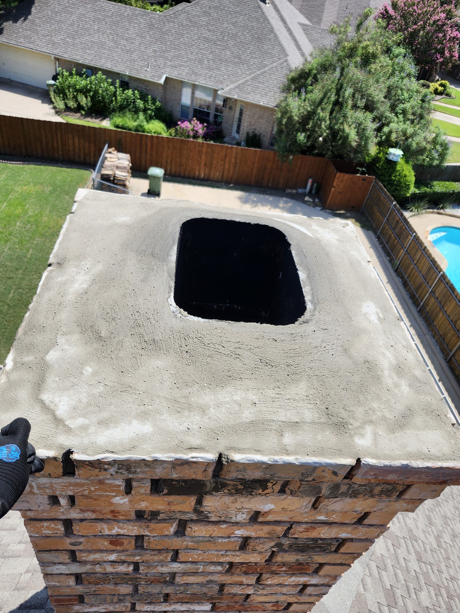 Completed chimney crown repair viewed from above